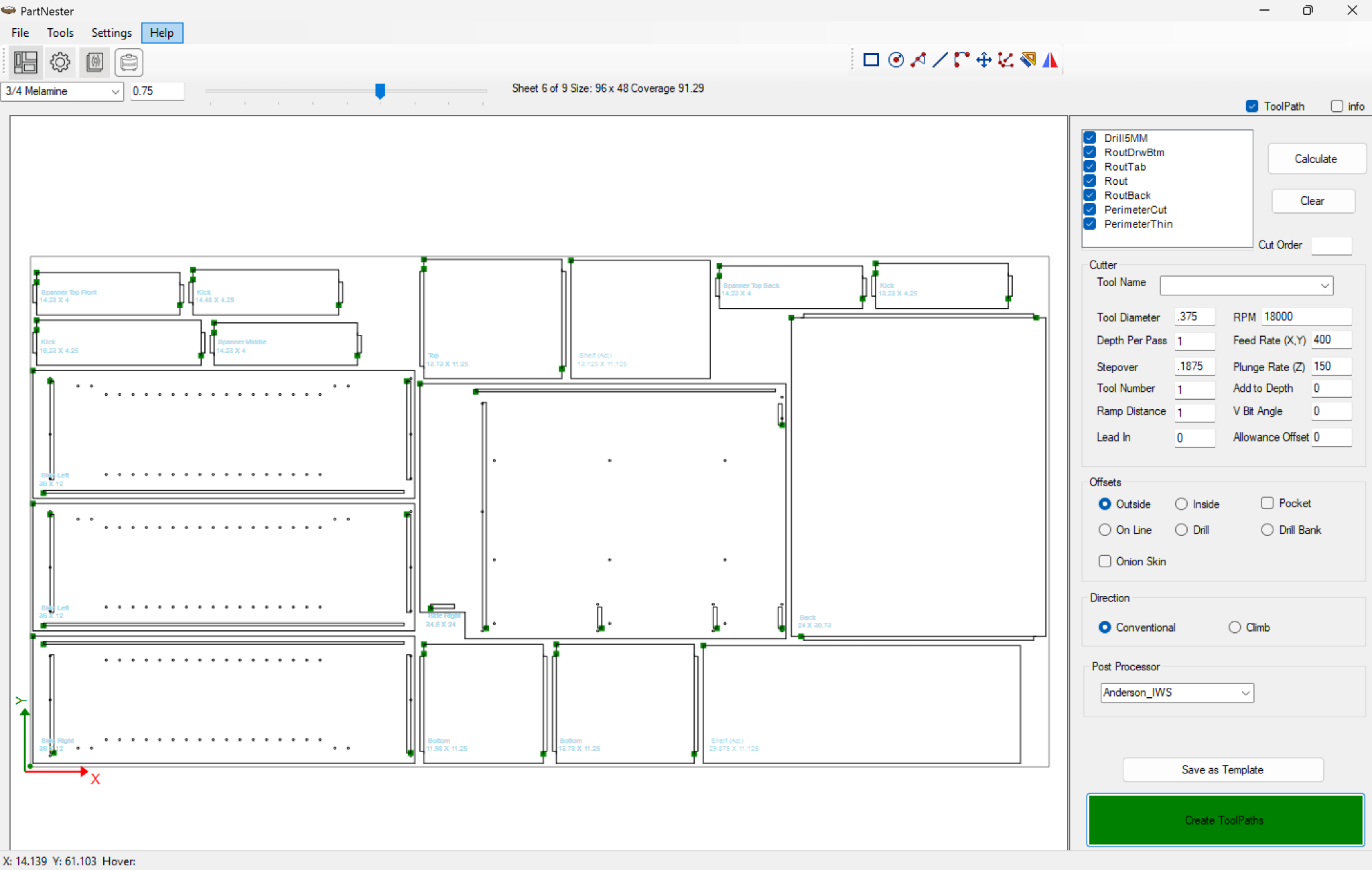 PartNester screen showing nested cabinet parts and toolpath settings